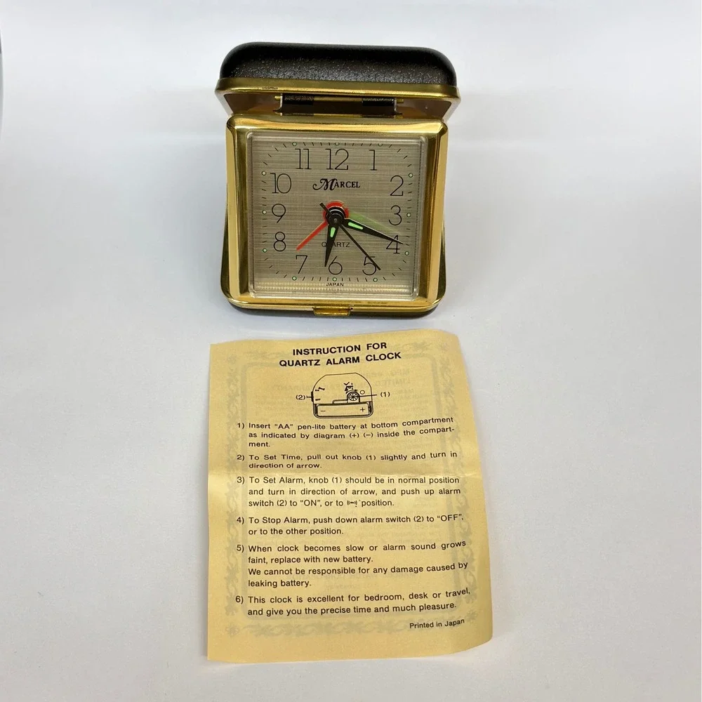 Vintage Marcel Folding Travel Alarm Clock Quartz Japan Black Gold Case Retro